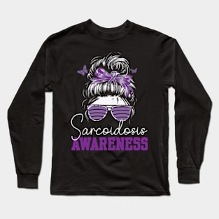 Messy Hair Bun Purple Ribbon Butterfly Sarcoidosis Awareness Long Sleeve T-Shirt